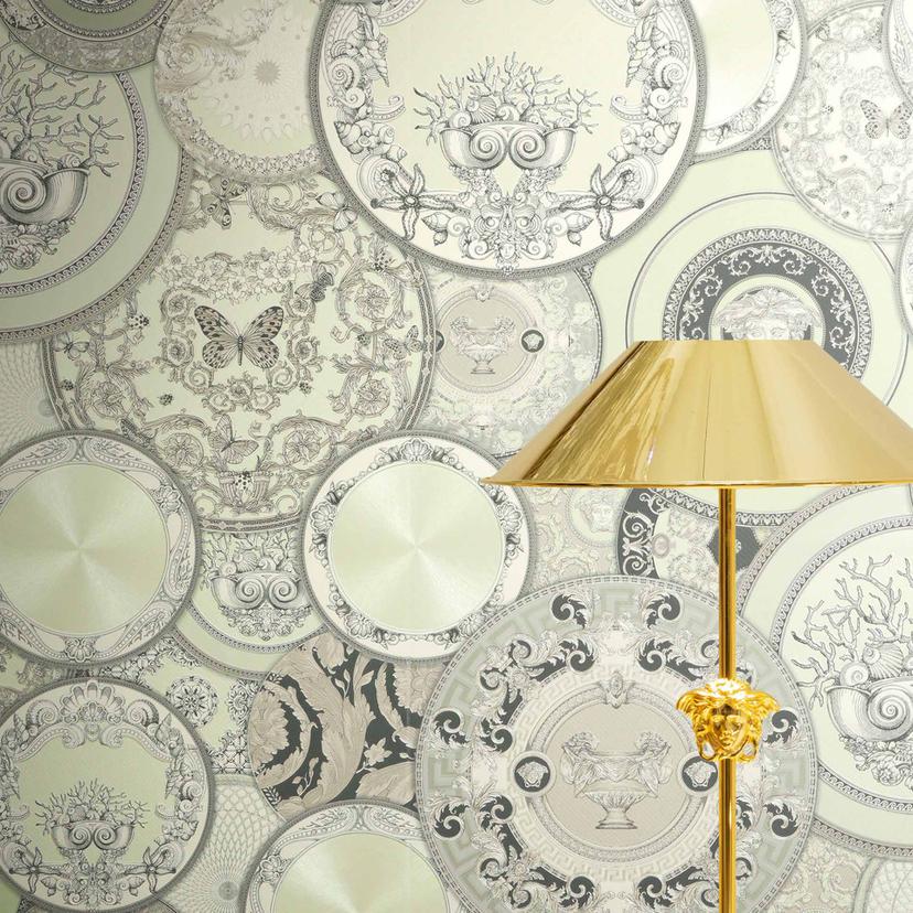 Versace ikke-vævet tapet Art De La Table Circles Meander Medusa Green Grey Metallic