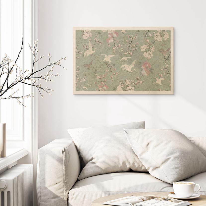 Houten Wanddecoratie Kraanvogels in Kersenbloesem Rush Green - Bloomery Decor