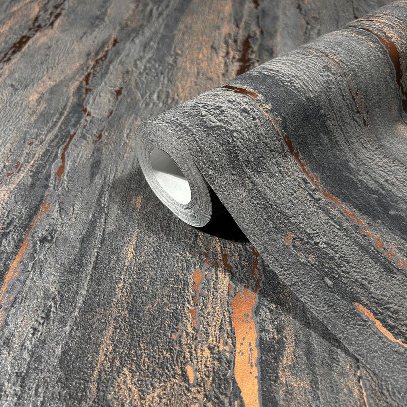 Vliesbehang met een glanzende, grove structuur antraciet gipslook