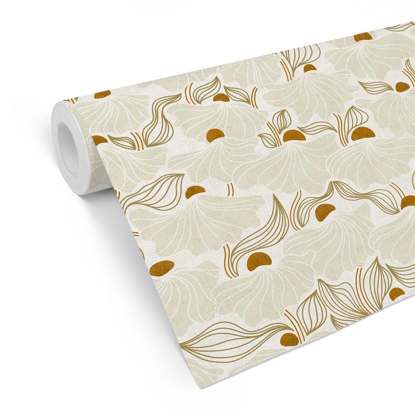 Tapet med mønster Minimalistiske blomster i creme og guld | Blomstret non-woven tapet - Annick