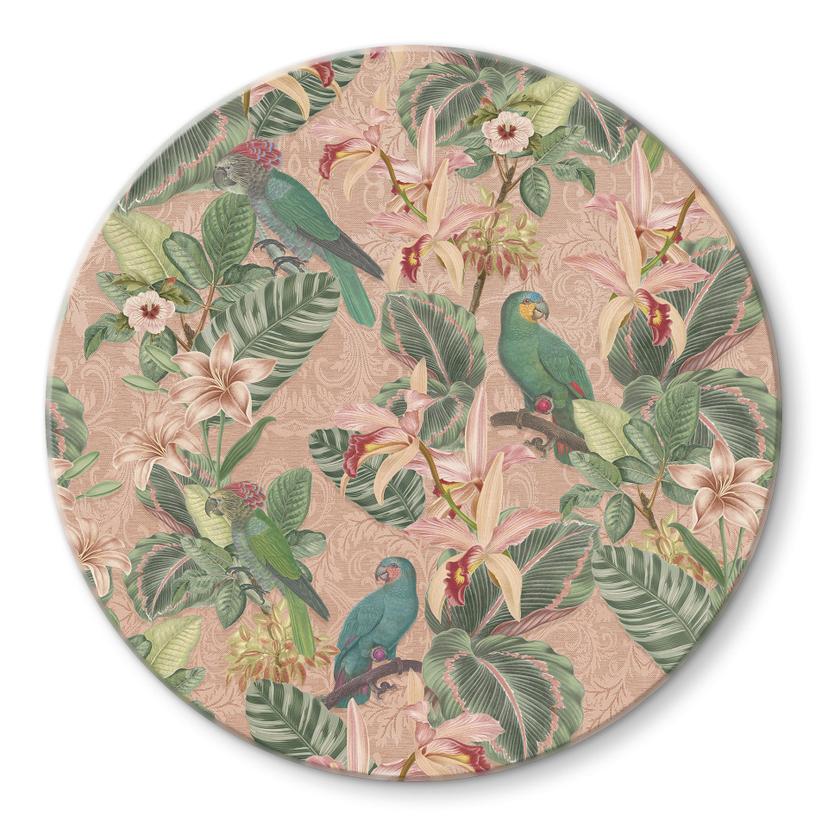 Glasbillede - Jungle med papegøjer Pink - Bloomery Decor - Rund