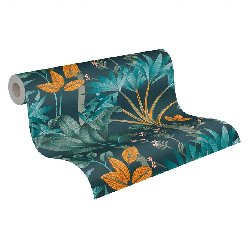 Papel pintado selva en estilo gráfico azul naranja - Papel pintado no tejido hojas de palmera