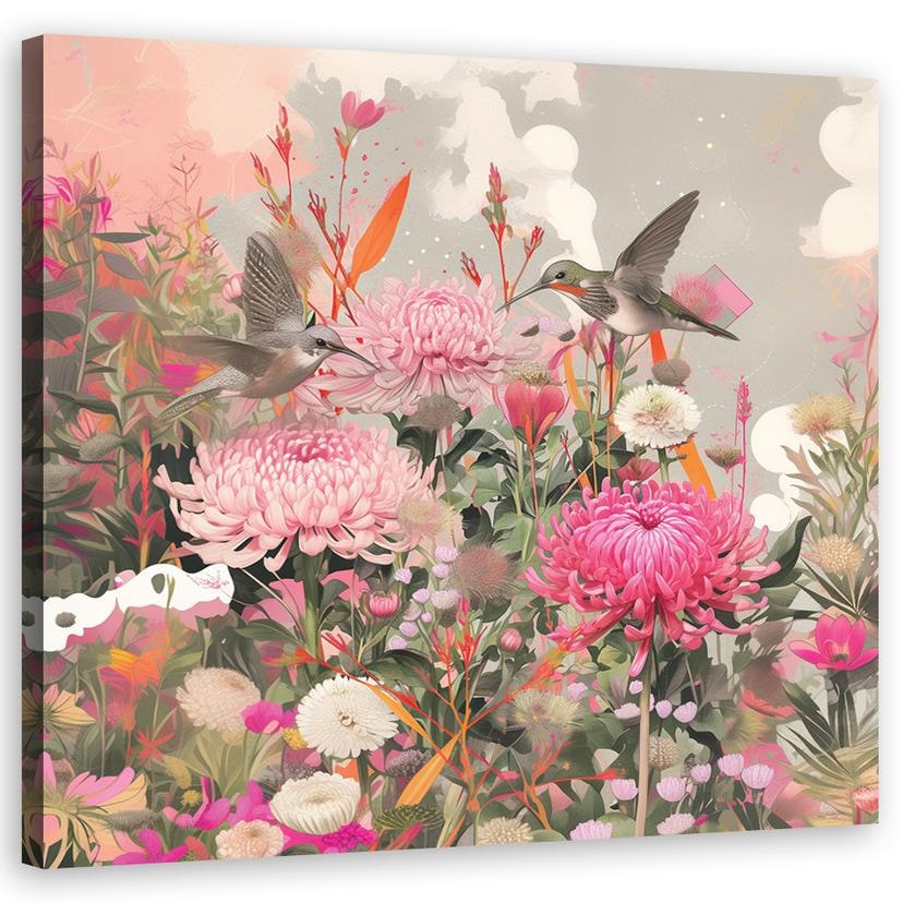 Leinwandbild Kolibris mit Blumen auf dem Feld