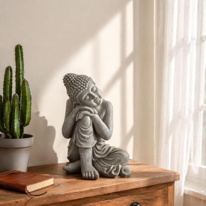 Schlafender Buddha aus Kunststein, betongrau | 34x31x40 cm