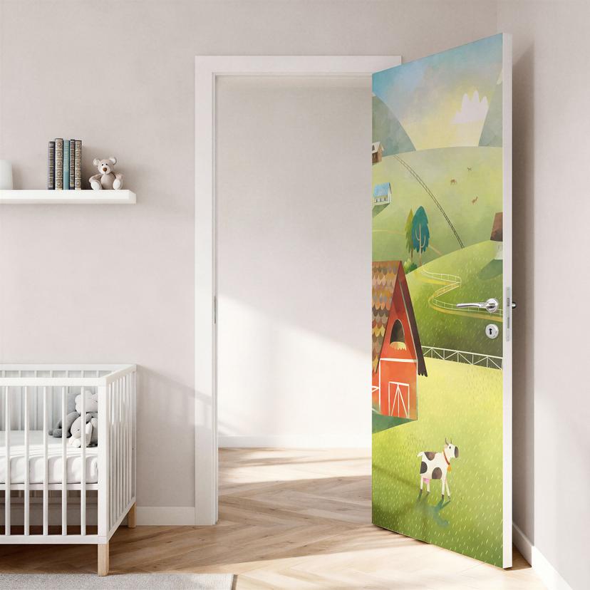 Lámina para puerta de habitación infantil - Granja colorida en las montañas - DigitalArtsi - Selbstk