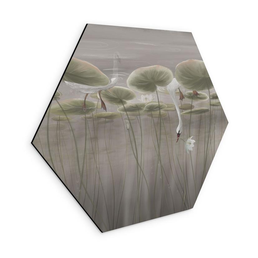 Zeshoek Wanddecoratie lotusbloemen met zwaan in water in grijs - Ms Tiff - Alu-Dibond