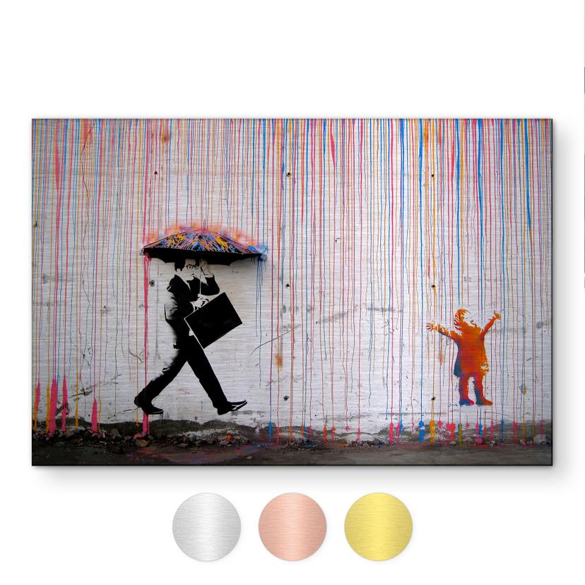 Alu-Dibond brossé avec Effet Doré, Argenté & Cuivré - Coloured Rain - Banksy