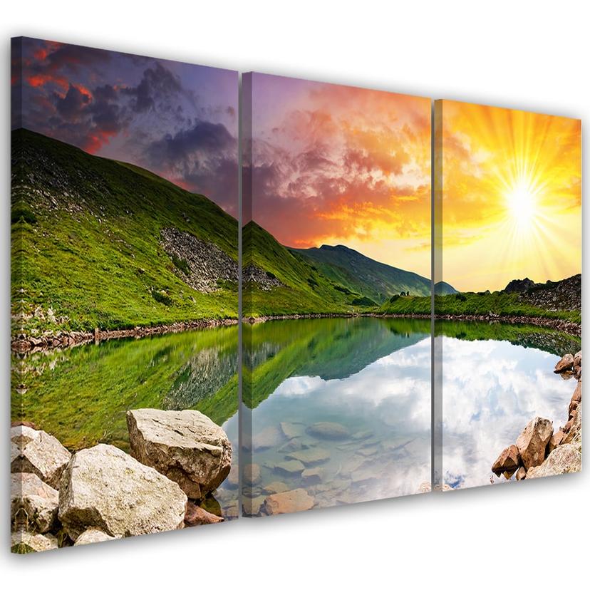 Impression sur toile en 3 parties, coucher de soleil paysage lac
