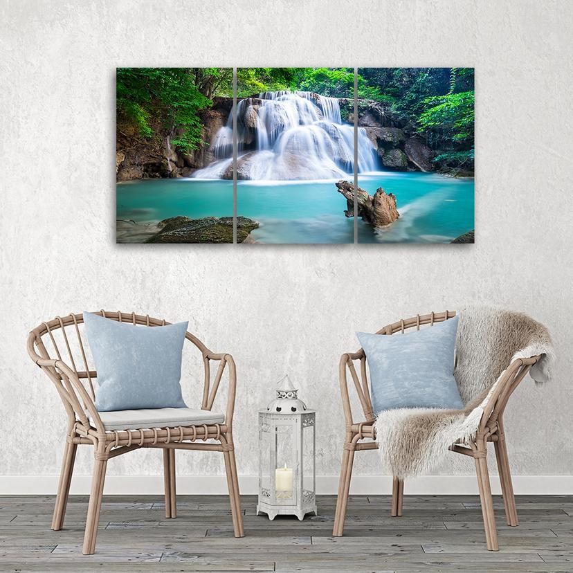 Stampa su tela 3 pezzi, cascata montagna foresta natura