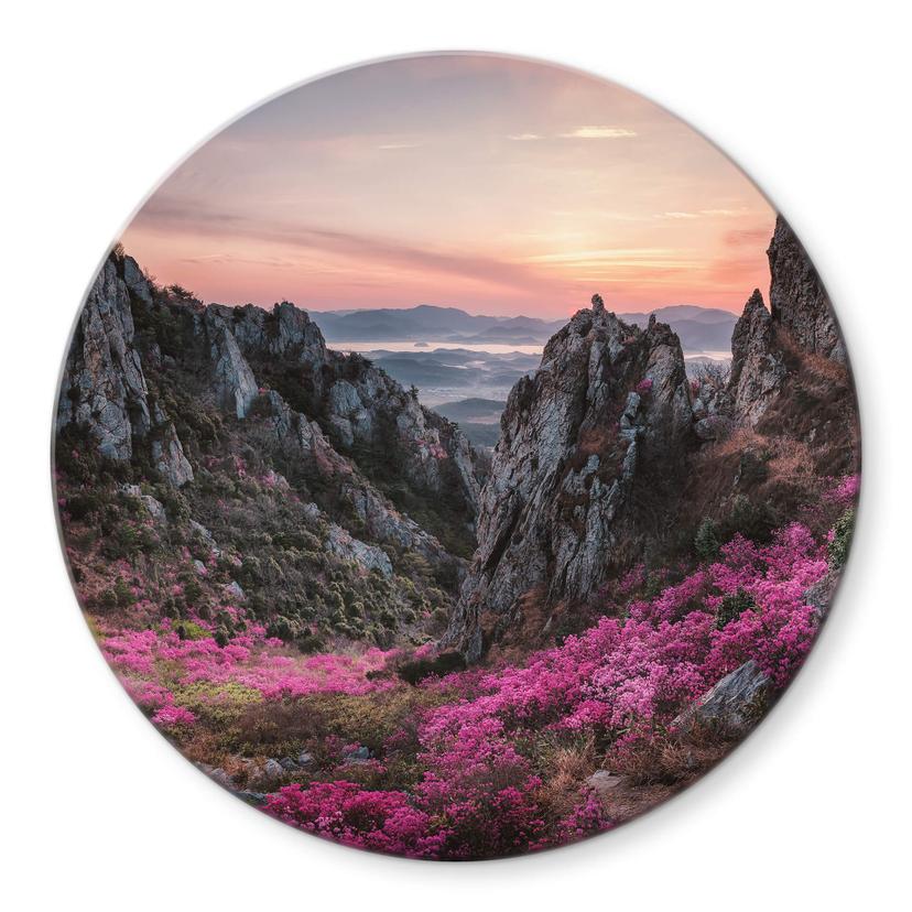 Tableau sur verre rond Seo - Paysage rocheux au coucher du soleil