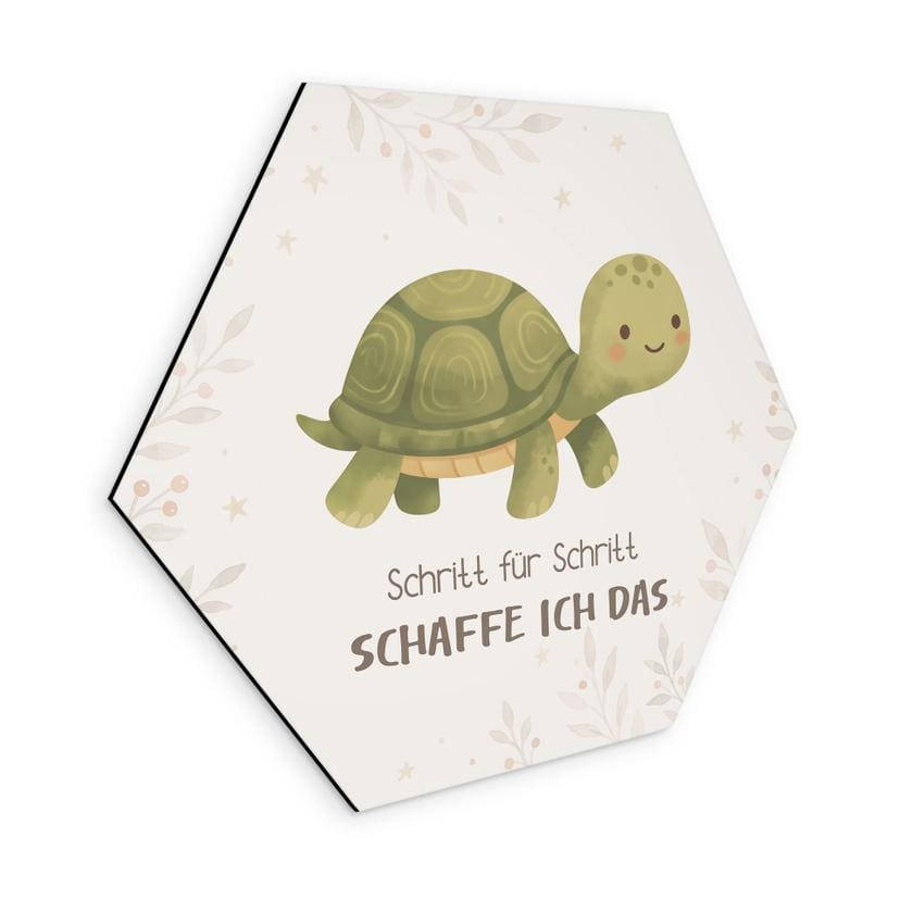 Alu-Dibond Hexagon mit Schildkröte - positiver Spruch 'Schritt für Schritt schaffe ich das'