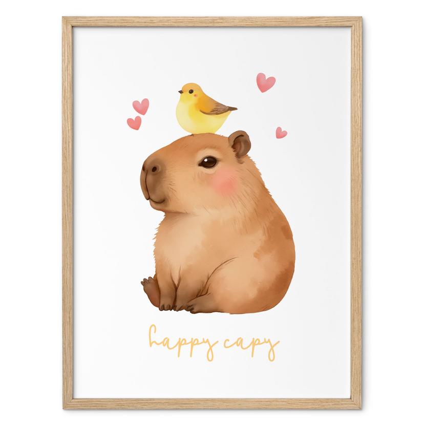 Plakat til børn - Capybara med fugl - Happy Capy