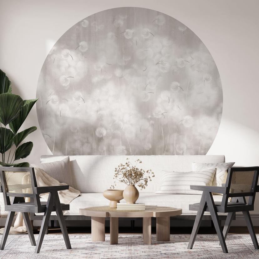 Bloemen Fotobehang dandelions dream in beige - Ms Tiff - rond - zelfklevend/niet-geweven