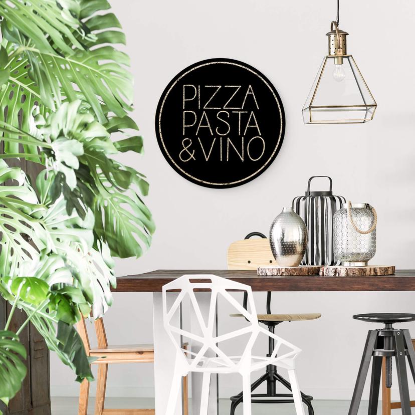Wandcirkel Hout Pizza Pasta & Vino - zwart