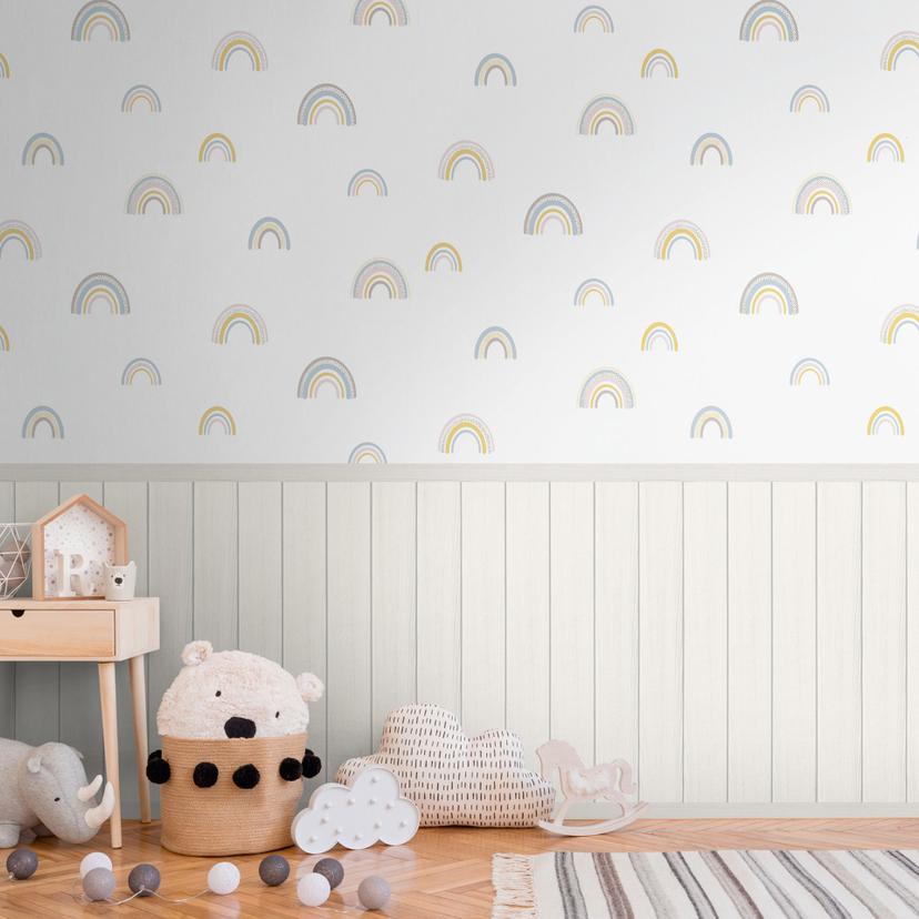 Pastel regnbue tapet vægmaleri med træpanel beige - Ikke-vævet tapet børneværelse udvides