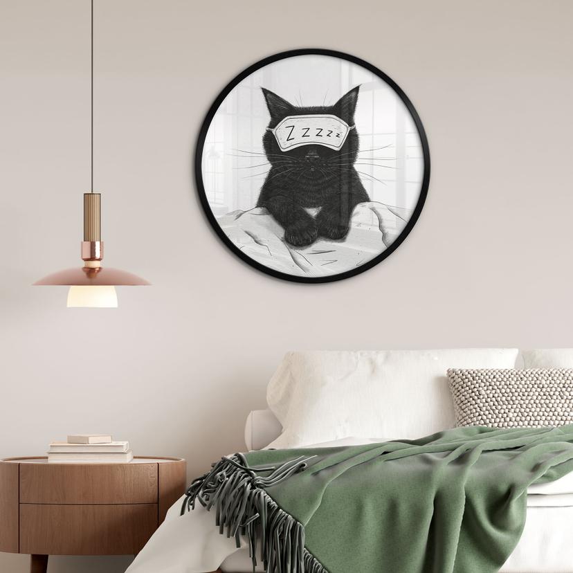 Ronde Poster Zwarte Kat met Slaapmasker - Korenkova