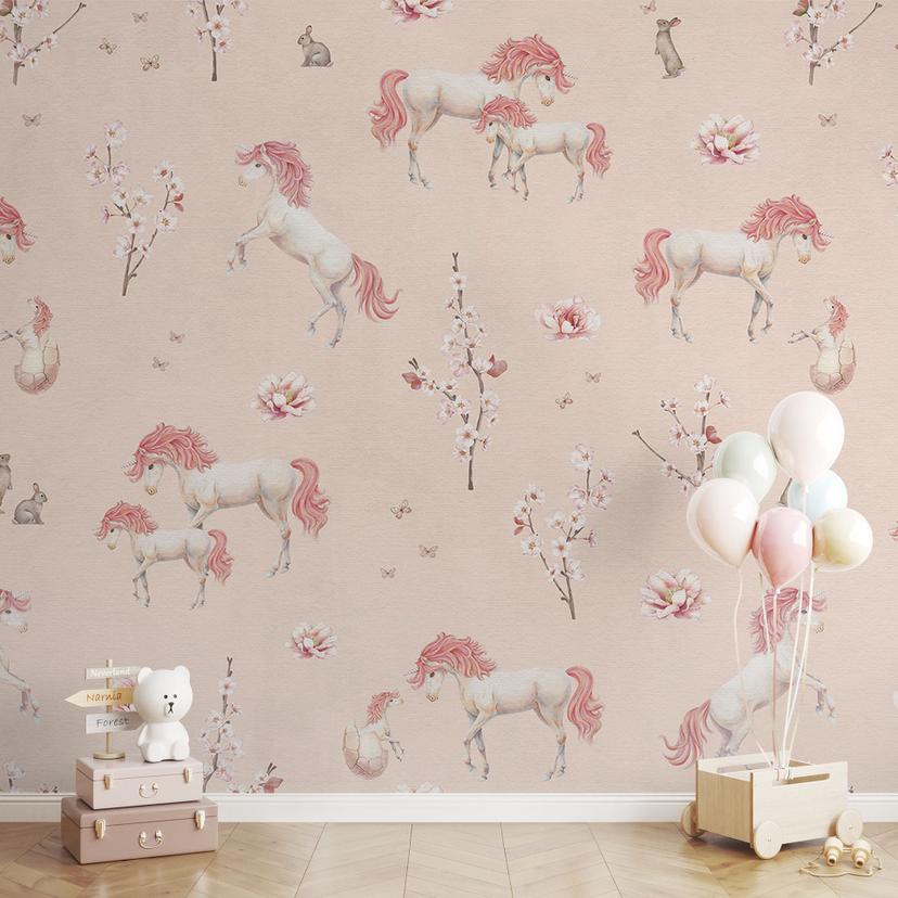 Papier peint Licornes enchantées avec fleurs de cerisier - Kikki Belle
