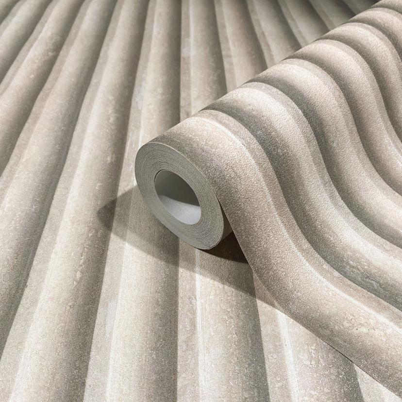 Carta da parati in tessuto non tessuto grigio-beige aspetto 3D pannello acustico aspetto legno stris