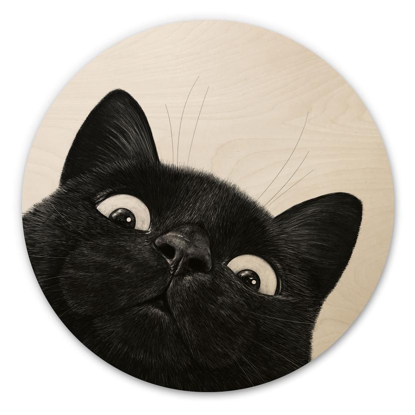 Tableau sur bois Chat noir amusant - Korenkova - Rond