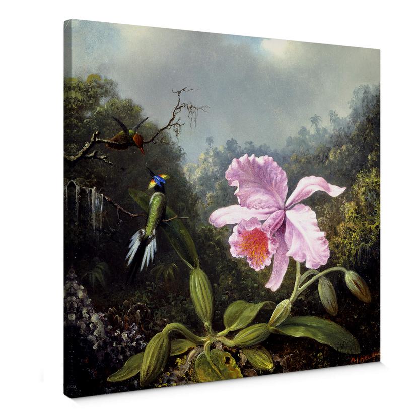 Lienzo Heade - Naturaleza muerta con orquídea y colibríes