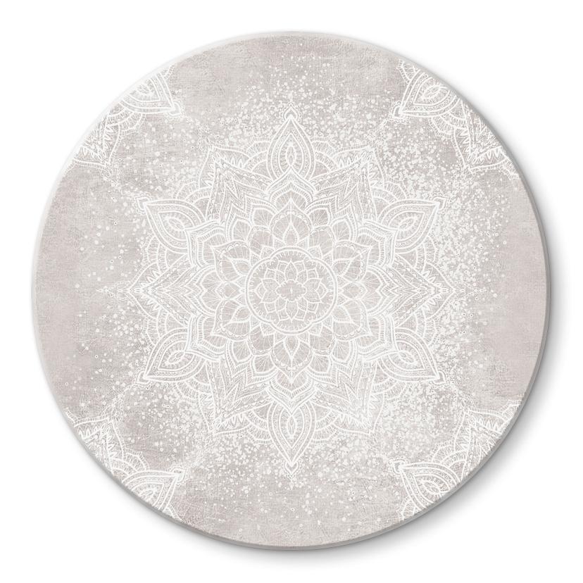 Glasbillede - Blid mandala på grå-beige - Bloomery Decor - Rund