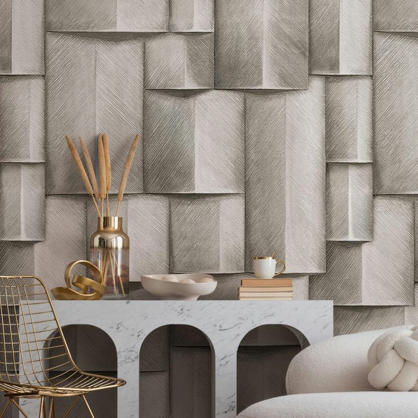 Carta da parati in tessuto non tessuto con motivi in legno geometrici bianco, nero aspetto 3D 2,70 x