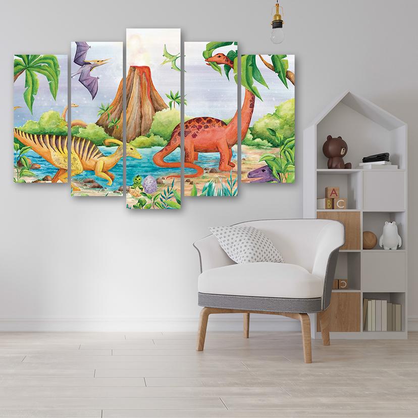 Stampa su tela in 5 parti, Dinosauri al lago