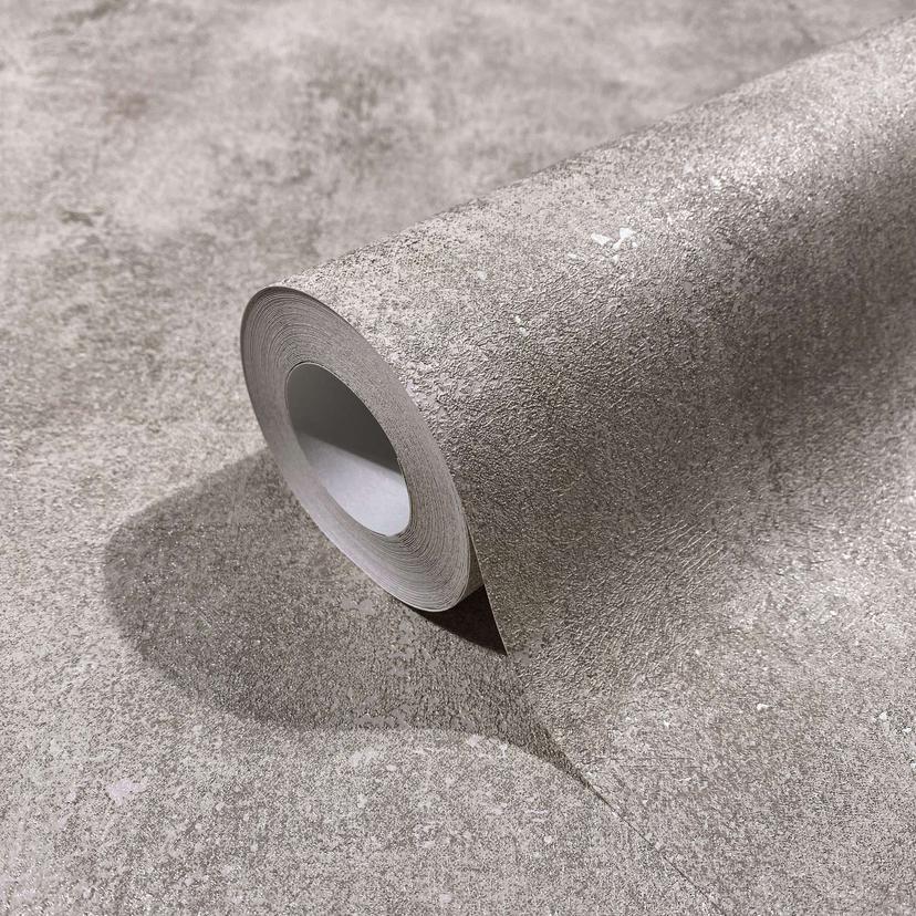 Papel pintado no tejido con aspecto de hormigón liso beige ligeramente brillante