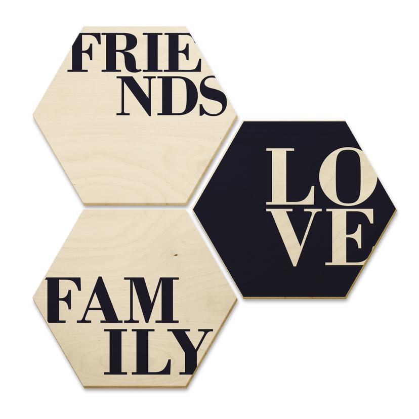 Hexagone - Bois placage de bouleau - Love, Friends, Family (Set de 3)