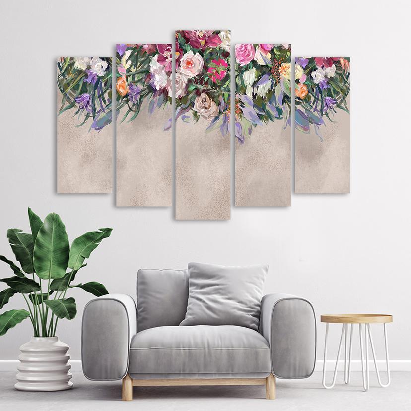Stampa su tela 5 pezzi, fiori ricoperti di vegetazione