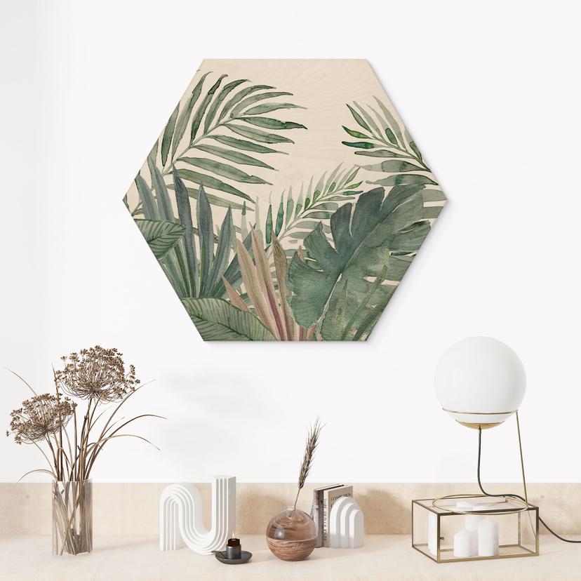 Stampa esagonale su legno foglie di giungla verde acquerello - Bloomery Decor