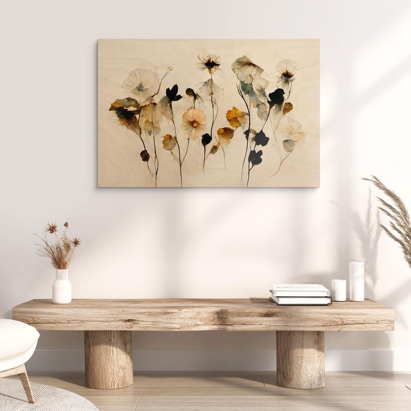 Holzbild Filigrane Trockenblumen in Naturtönen - Treechild