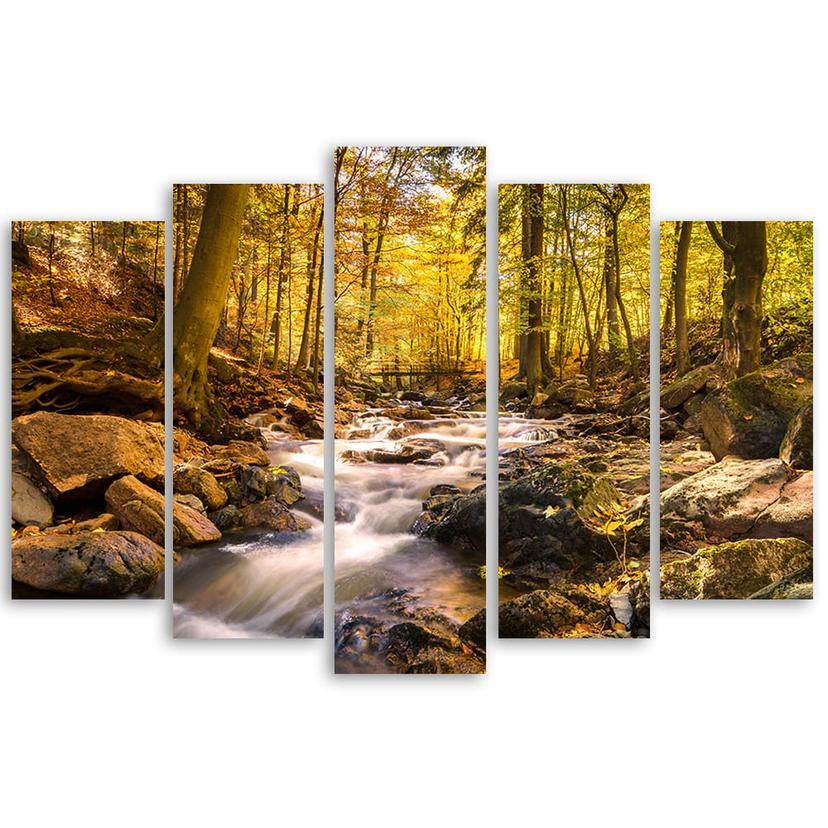 Stampa su tela 5 parti, ruscello di montagna bosco autunnale