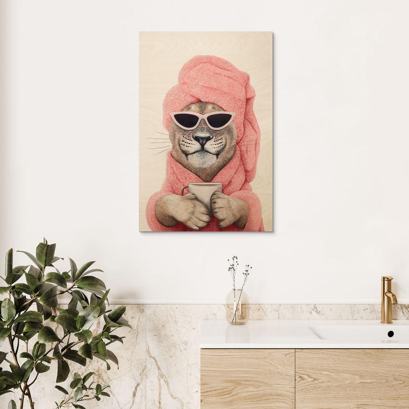 Houten Wanddecoratie Wellness Leeuw met Koffie - Korenkova