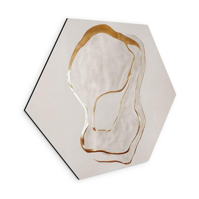 Sekskantet, abstrakt billedkunst i guld og beige - Aluminium dibond - Alma