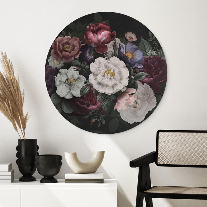Stampe per pareti in stile Redouté - Decorazione floreale - Alluminio Dibond Rotondo