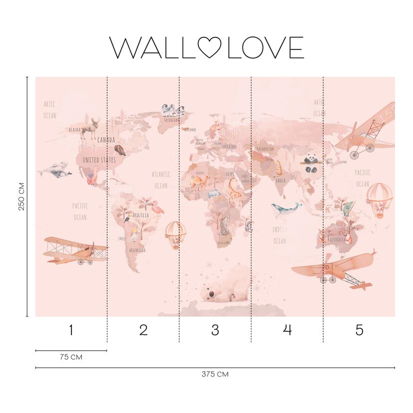 Fotomurale mappa del mondo animali rosa beige 3,75 x 2,50 m - Carta da parati in tessuto non tessuto