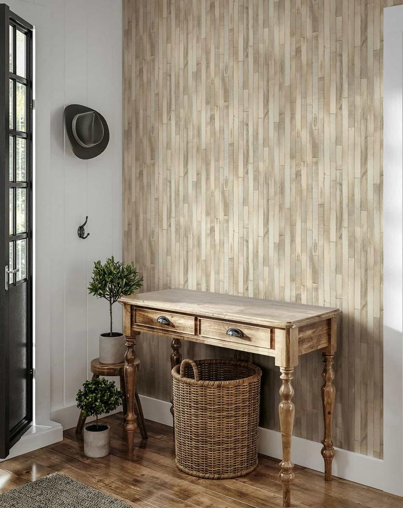 Non-woven tapet i trælook med korn beige trælook