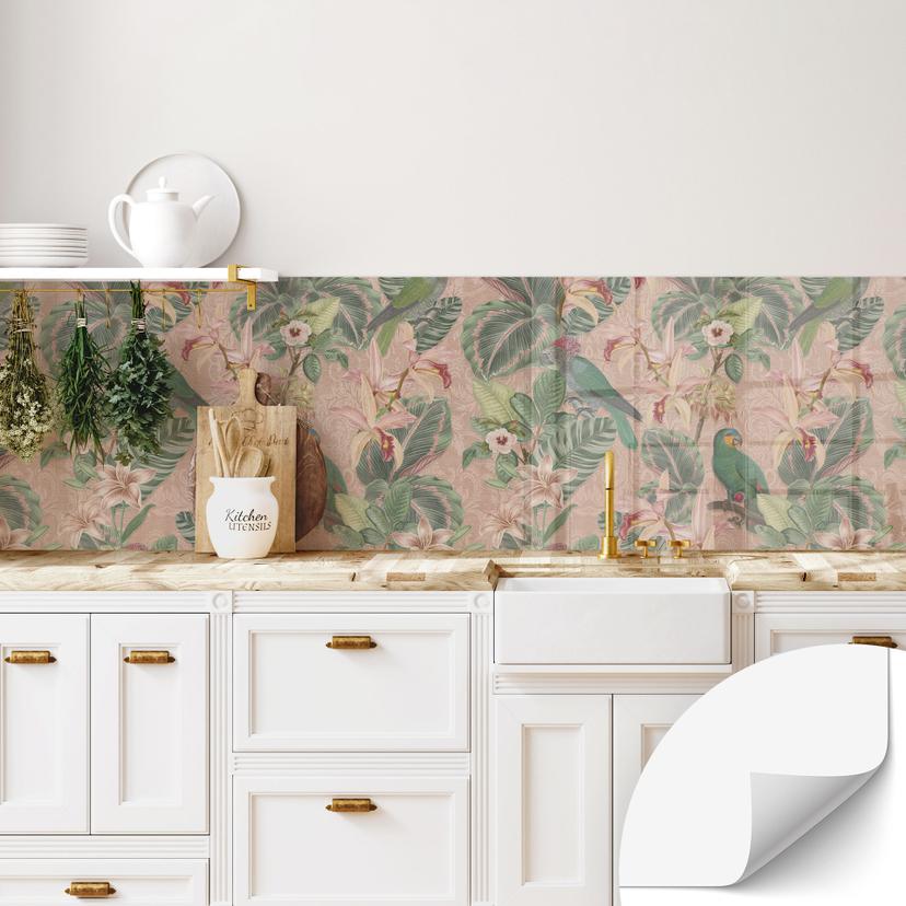 Selvklæbende stænkplade til køkken jungle med papegøjer pink - Bloomery Decor