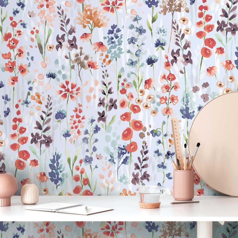 Blomstertapet akvarel blå orange - tapet med mønster - ikke-vævet tapet