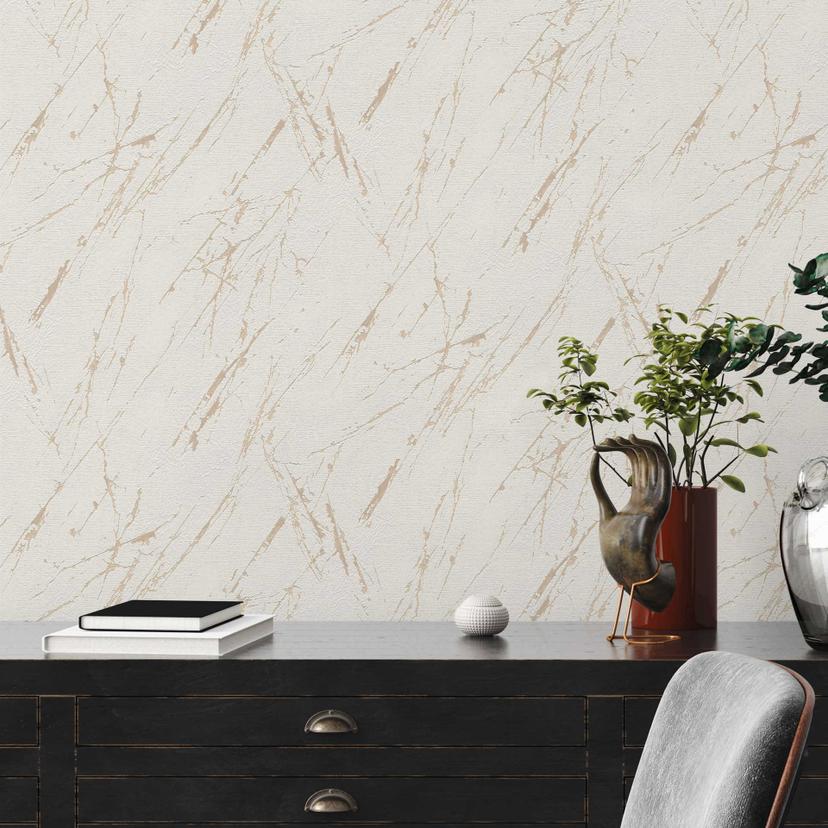Marmor look tapet hvid champagne farver med metallisk effekt