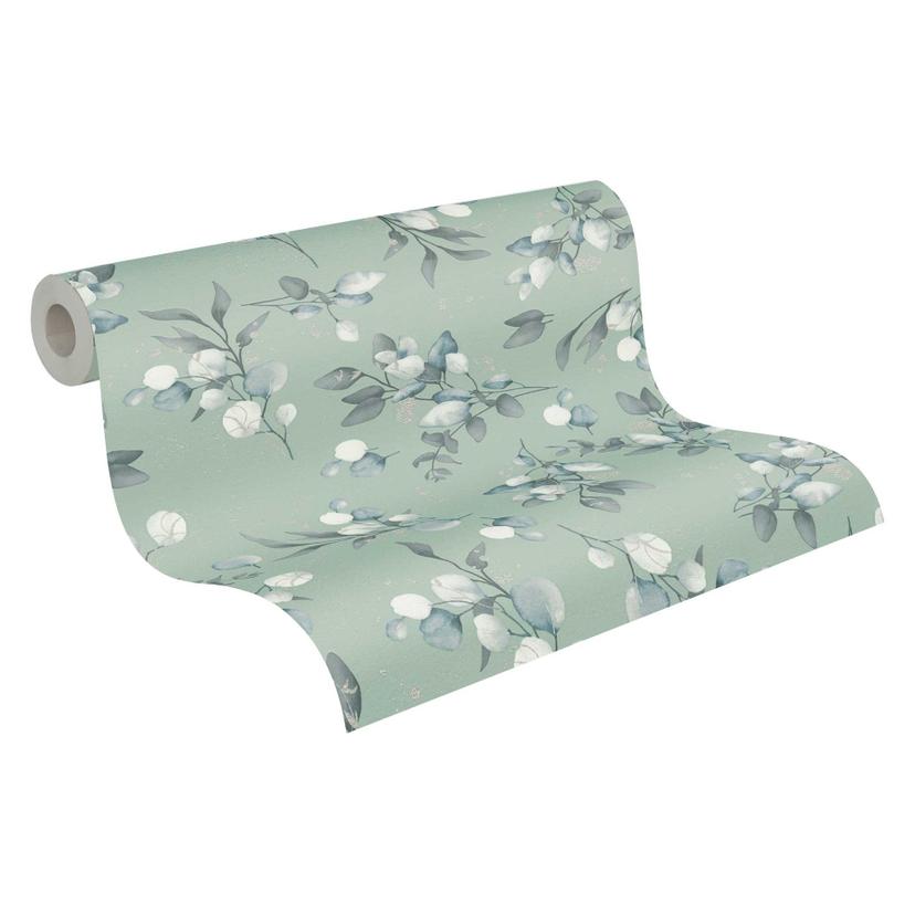 Florale Aquarell-Tapete Grün Blau – Vliestapete mit Blättern – Mustertapete dezent