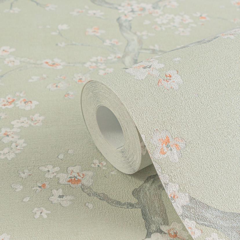 Papel pintado rama de cerezo verde blanco rosa - Papel pintado no tejido con motivo de flor de cerez