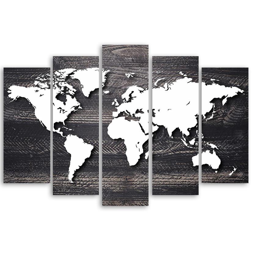 Stampa su tela 5 pezzi mappa del mondo grigio vintage