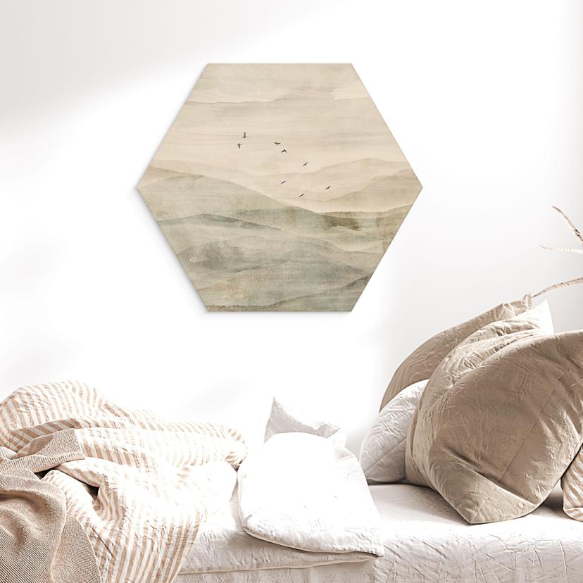 Hexagon Holzbild Neblige Berglandschaft Aquarell - Ms Tiff