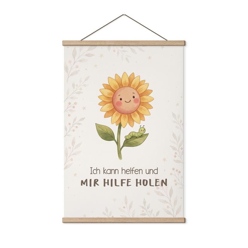 Stoffbild mit Sonnenblume - Selbstliebe-Spruch 'Ich kann helfen'