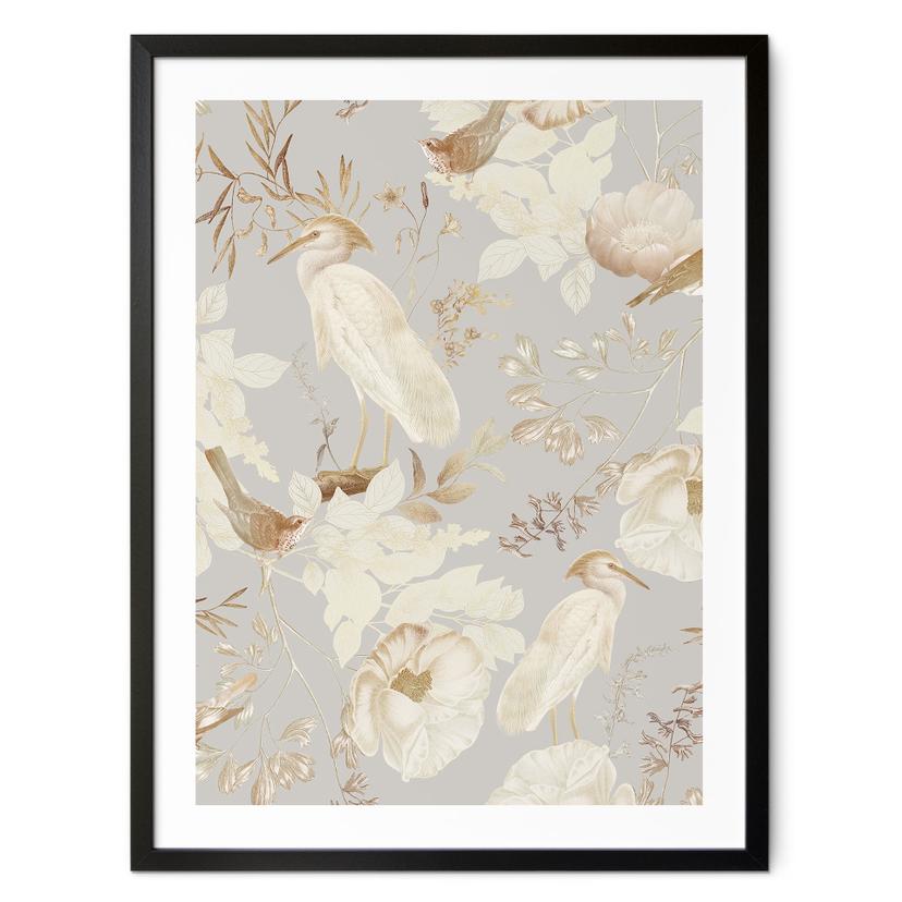 Póster pájaros entre flores blancas - Diseños ONU