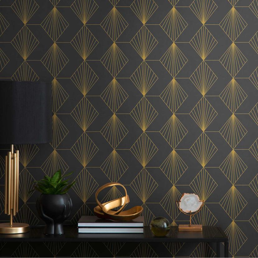 Geometrisk Art Deco tapet sort guld - moderne tapet med mønster - Ikke-vævet tapet