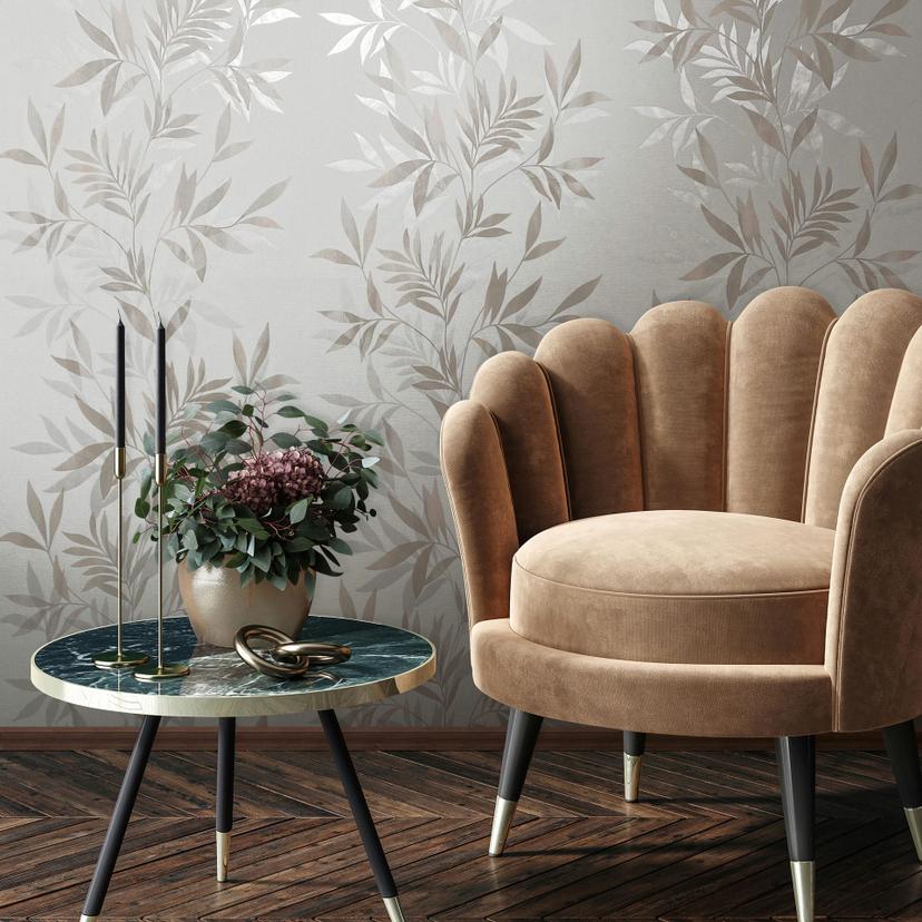 Non-woven tapet i vitt, beige bladmotiv bladlook blommig natur
