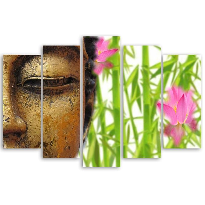 Stampa su tela 5 pezzi, Buddha Bamboo Zen Gold